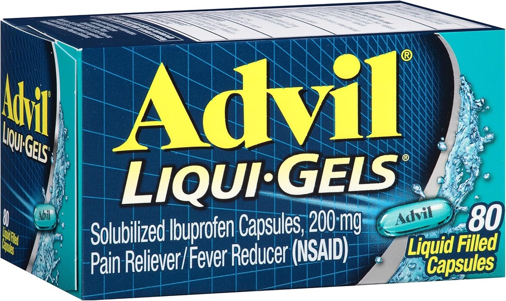 Advil Liqui-Gels anti-douleur et réducteur de fièvre, anti-douleur pour adultes avec Ibuprofène 200mg pour les maux de tête, les maux de dos, les douleurs menstruelles et le soulagement de la douleur articulaire - 80 Capsules remplies de liquide