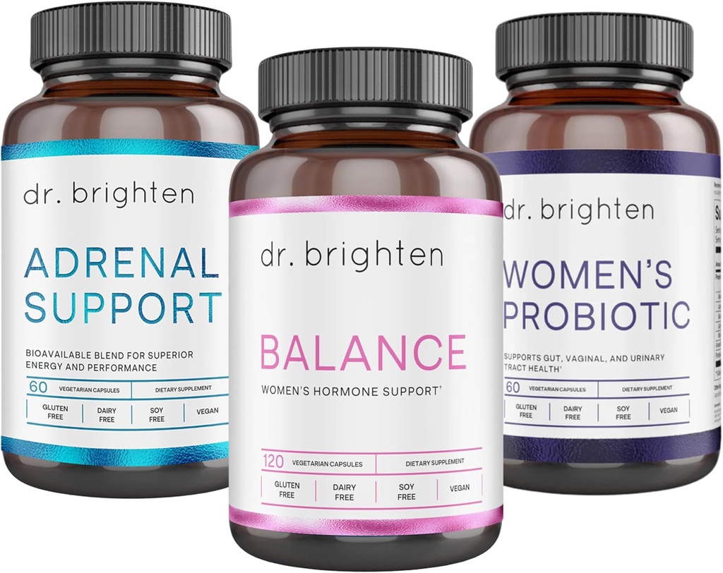 Dr. Brighten Periodo Kit di supporto - Equilibrio, Supporto surrenale e Probiotico femminile - Obiettivi Acne ormonale, Problemi di periodo, & PMS - Vegan, Non OGM