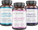 Dr. Brighten Periodo Kit di supporto - Equilibrio, Supporto surrenale e Probiotico femminile - Obiettivi Acne ormonale, Problemi di periodo, & PMS - Vegan, Non OGM