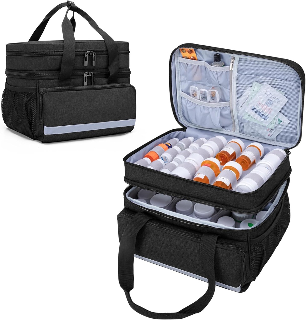 CURMIO Double Layers Pill Bottiglia Organizer Bag Vuoto, Medicina organizzatrice custodia con cerniere bloccabili, Borsa da viaggio per la prescrizione di bottiglie, Forniture mediche, Nero (Progetto di brevetto)