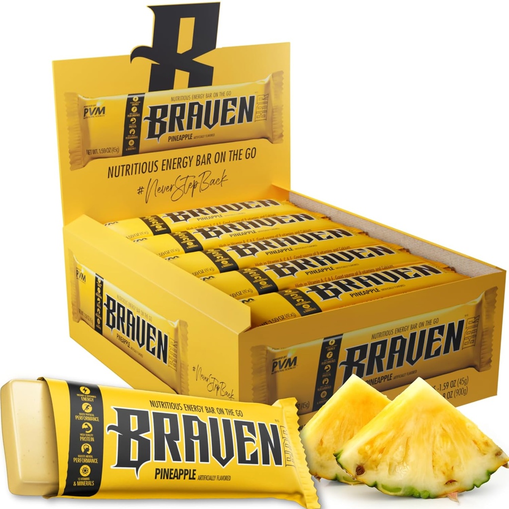 Braven Bar Ananas Energy Bars (1.59 Unze, 20er Pack) – Energy Chews mit 5g Protein – On-the-Go Energy Snacks für Laufen, Wandern und Sport - Gluten kostenlose Snacks für nachhaltige Energie Boost
