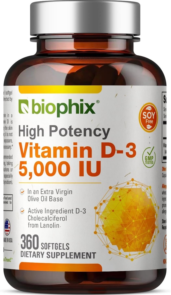Biophix Vitamine D-3 5000 UI 360 Softgels - Haute-Potence dans l'huile d'olive vierge extra non-OGM sans soja soutient la santé immunitaire des os forts