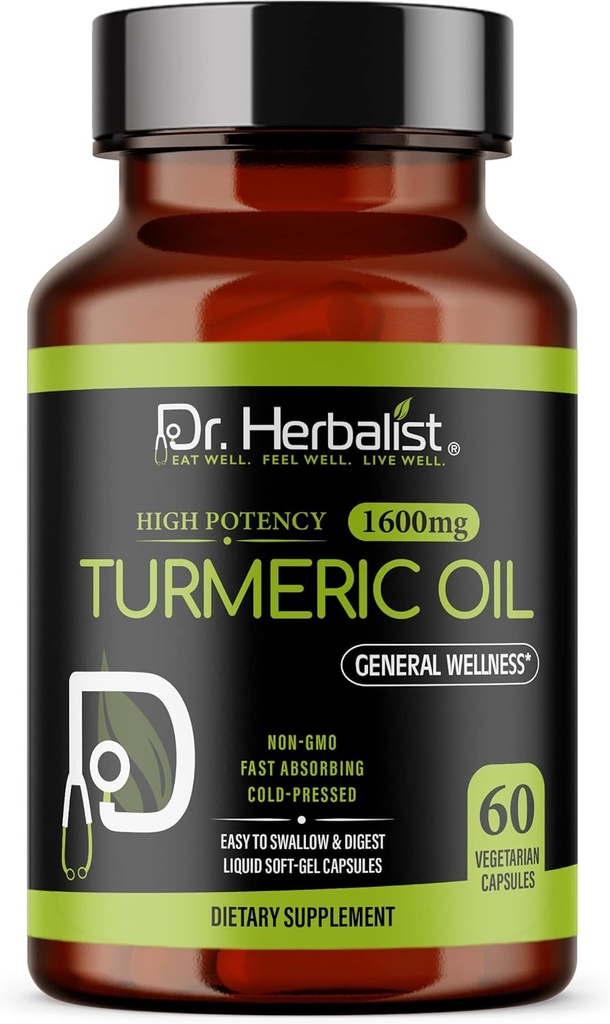 Dr. HERBALIST Turmeric Curcumin Oil Capsules 1600mg - 60 Capsules Exclusivement Absorbant à jeun , Végétarien , Végétarien , Cold-Pressed , High Potency I AKA Haldi Capsules (1 Pack : 60 Capsules)