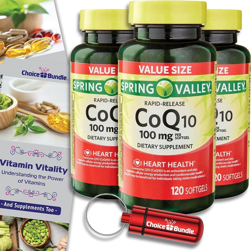 Choice Bundle Spring Valley Rapid-Release CoQ10 Coenzyme Q10 100 mg Softgels 120 CT 3 pk (360 Total) + Guide Vitamine et Pill Container (5 Articles)!