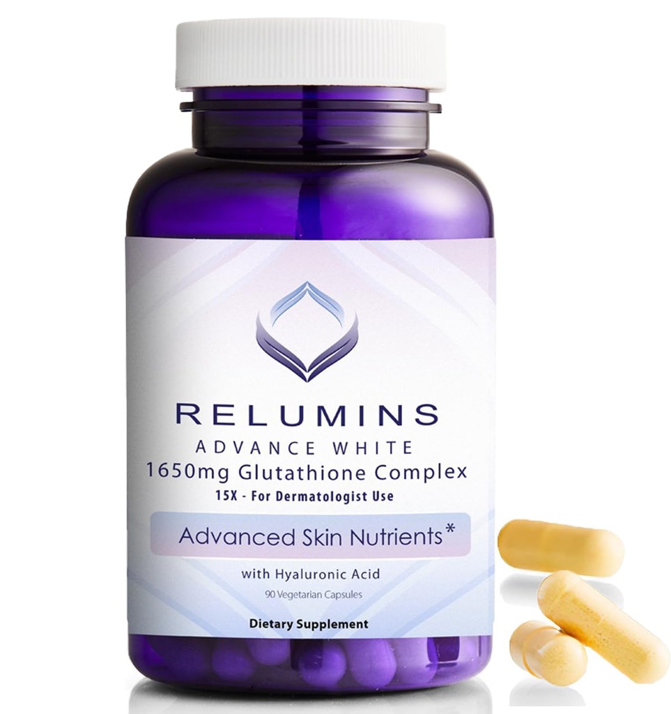 Integratore Glutathione Relumins - 1650mg Complesso Glutathione Ridotto con Acido Alfa Lipoico, HIPS Rosa, Riboflavin, & Vitamina E, Made in USA - 90 Capsule Veggie x 1 Bottiglia - Miscela Proprietaria