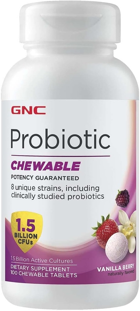 GNC Probiotic Chewable avec 1,5 milliard d'UFC - Vanilla Berry, 100 comprimés, soutien probiotique quotidien