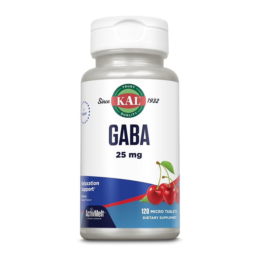 KAL GABA Supplément, Soutien de relaxation et support anti-stress, Natural Cherry Flavor ActivMelt Dissolve instantanée, végétarienne, garantie de remboursement de 60 jours, 120 portions, 120 micro comprimés