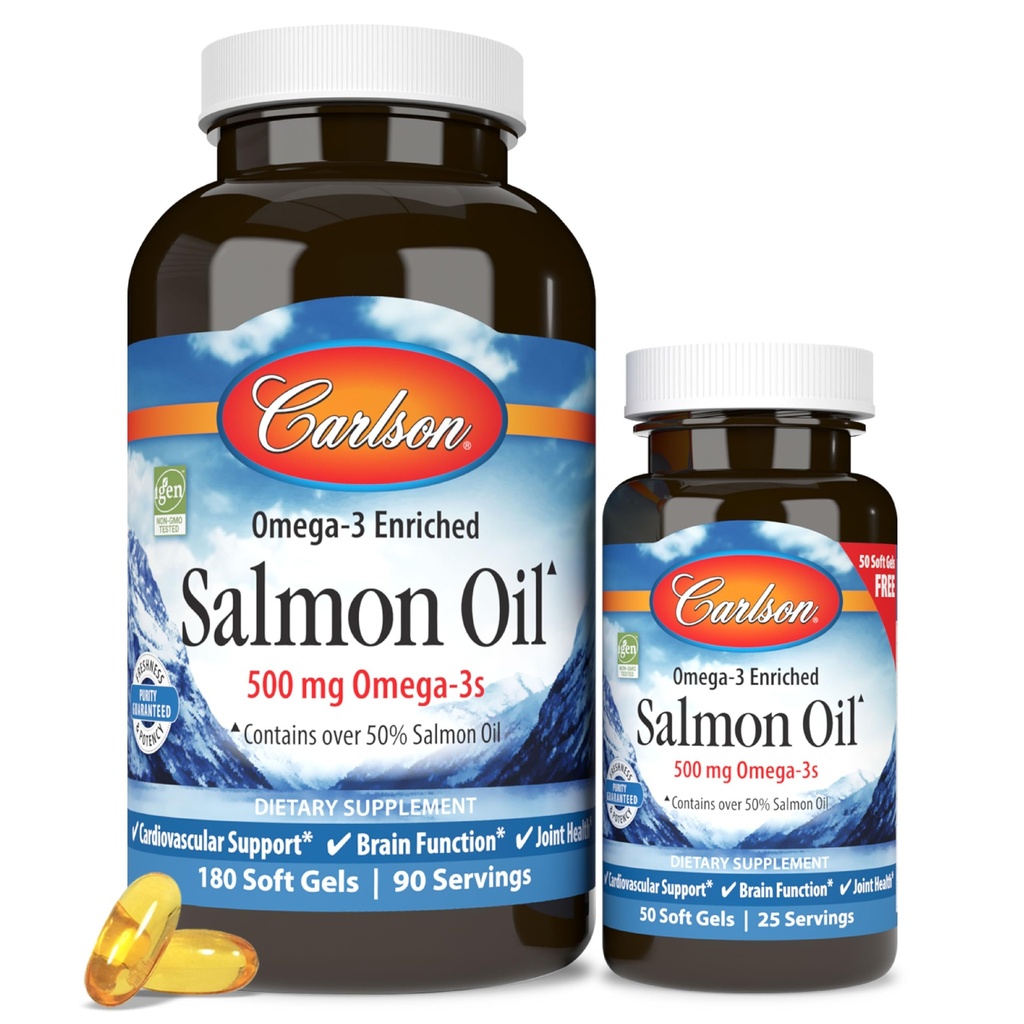 Carlson - Huile de saumon norvégien, 500 mg Omega-3s, Supplément d'huile de saumon norvégien, Capsules d'huile de saumon Omega 3 prises sauvages, source durable, Santé cérébrale, cardiaque et articulaire, 180+50 Softgels