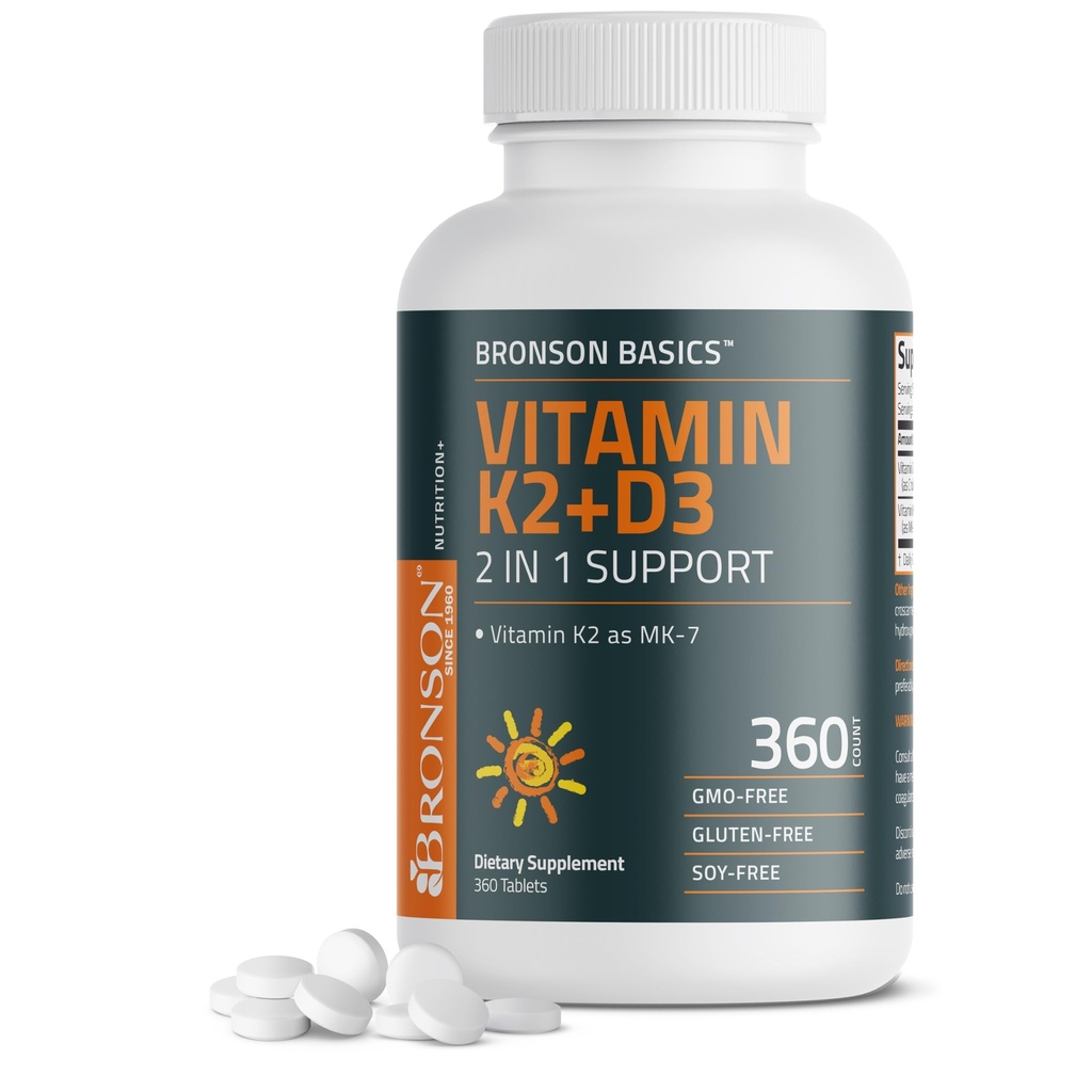 Bronson Vitamin K2 D3 (MK7) Ergänzung Non-GMO Formel Vitamin D3 5000IU (125 mcg) & 90 mcg K2 MK-7, einfach zu schlucken D & K Complex, 360 Tabletten