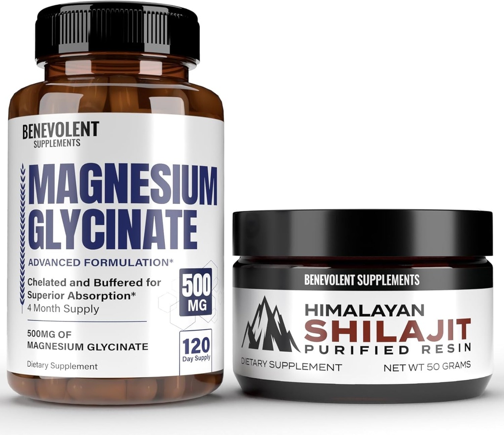 Premium Magnesio Glycinate 500mg Capsule & Himalayan Shilajit Resina - (8 mesi di fornitura + alta formula di assorbimento) Chelata Buffered Glycinate - 85+ Traccia minerali per energia, prestazioni, Immune S