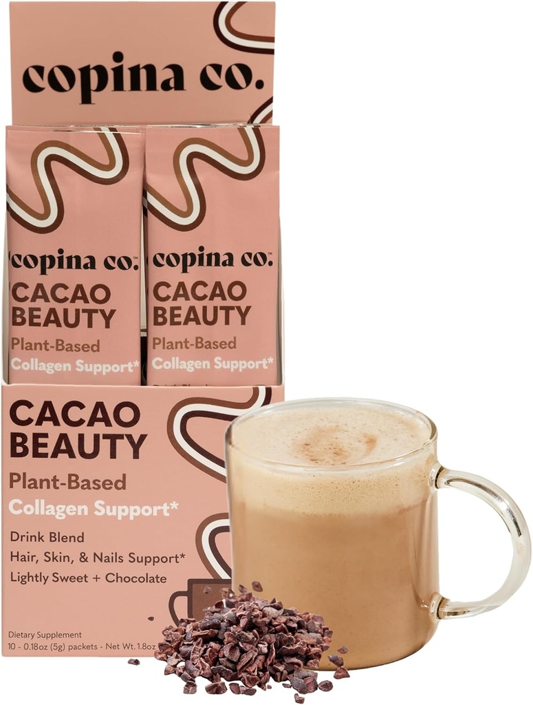 Copina Co. Cacao Beauty Vegan Collagen Booster Drink Blend: Supporto per collagene basato sulle piante Smoothie Drink Vegan Blend Variety Pack | Cacao Flavor | 10 singoli Stick Pack per cartone