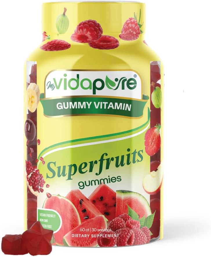 MYVIDAPURE Amazing Superfruits Star Gummies Vitamine A, C, E, Zink, Acai Berry, Acerola, Goji, Beet Root, Erdbeere, Gooseberry. Himbeere Wassermelone Flavor. Non-GMO, Glutenfrei, Vegan 60 Gummis