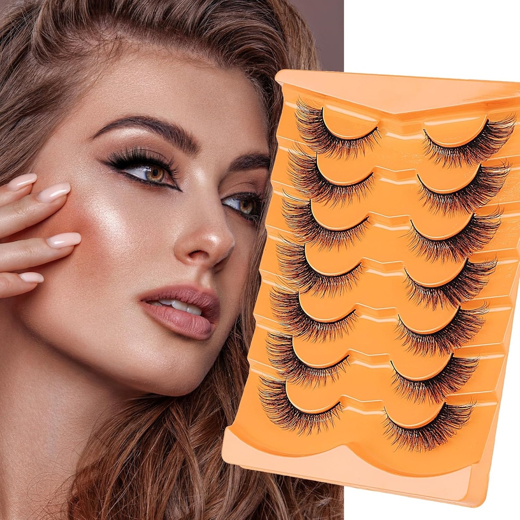 Heasy Fox Eye Lashes, Wispy False Eyelashes D Curl Mink Lashes Fluffy False Lashes Natural Look Cat Eye Lashes Strip Pack 7 coppie, Nero