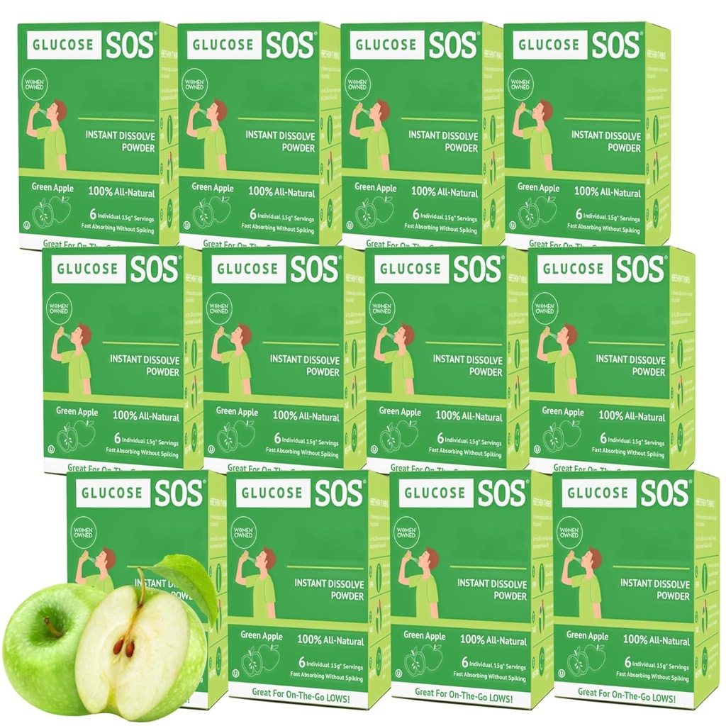 Glucose SOS Glucose Pulver-Packets mit natürlichem Dextrose, Schnellabsorption Das löst sich sofort in Ihrem Mund mit kein Wasser benötigt, grüner Apfel 72 Servierungen