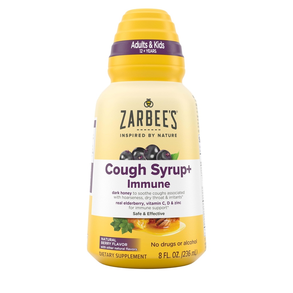 Zarbee's Naturals Complete Daytime Cough Sirop + Immune au miel foncé, aux baies de sureau, vitamine C, D & Zinc, bouteille de 8 oz