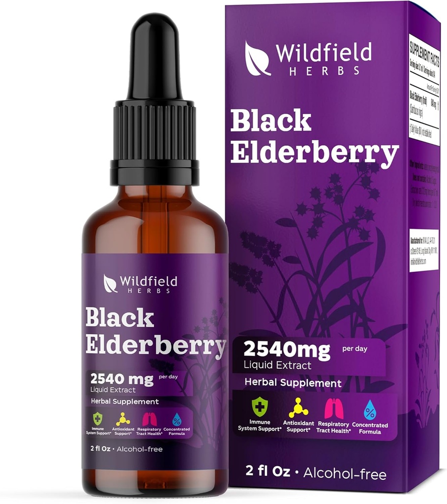 Extrait de baies de sureau gouttes 2000mg (Sambucus nigra) Supplément à base de plantes Absorbe mieux que les capsules, 1 mois d'approvisionnement, 84 portions, teinture sans alcool - 2 Oz, boîte de 1