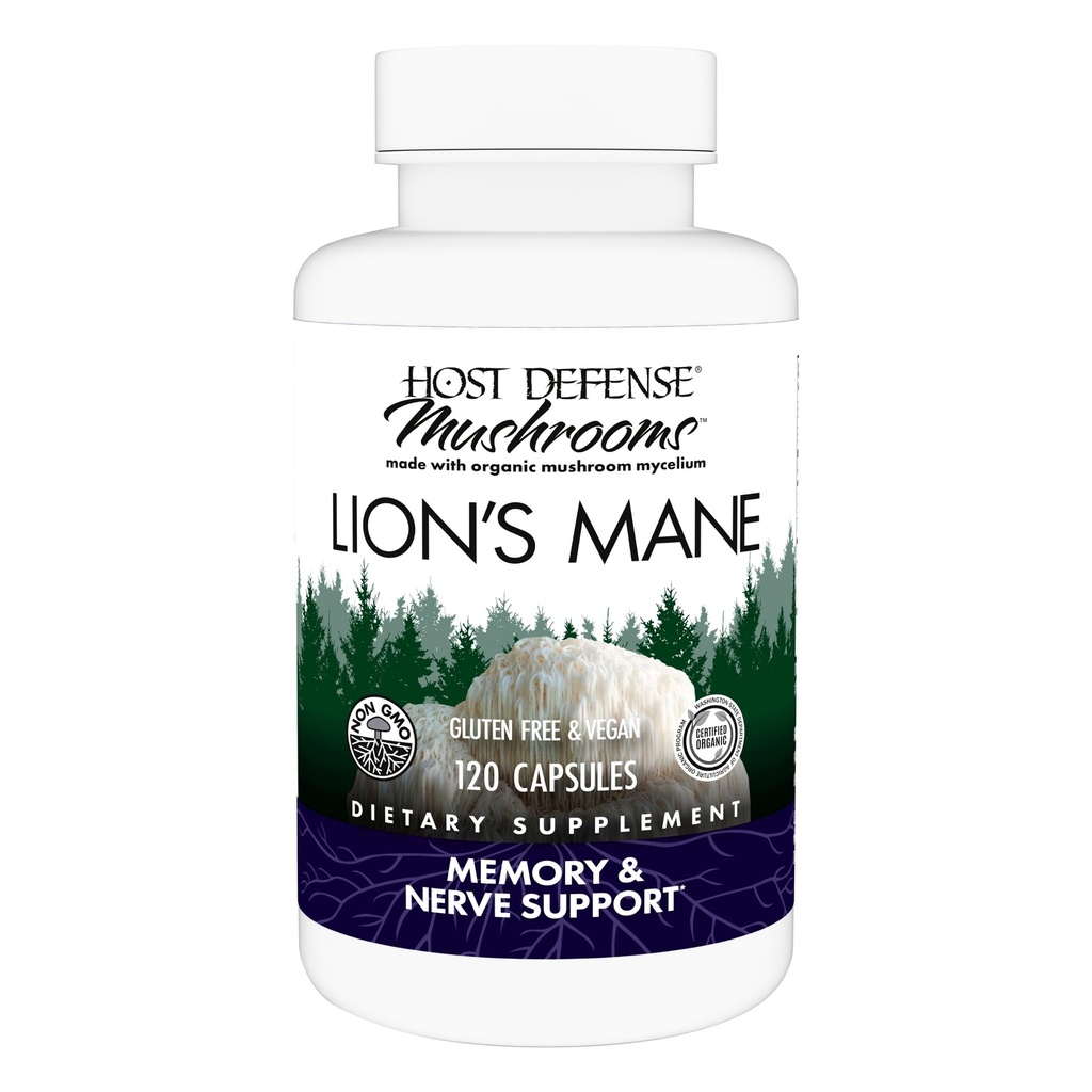 Host Defense Champignons Lion's Mane - Supplément Capsules pour le soutien de la santé du cerveau - Soutien des champignons pour la fonction focus et mémoire - Supplément système immunitaire et nerveux - 120 Capsules (60 portions)*