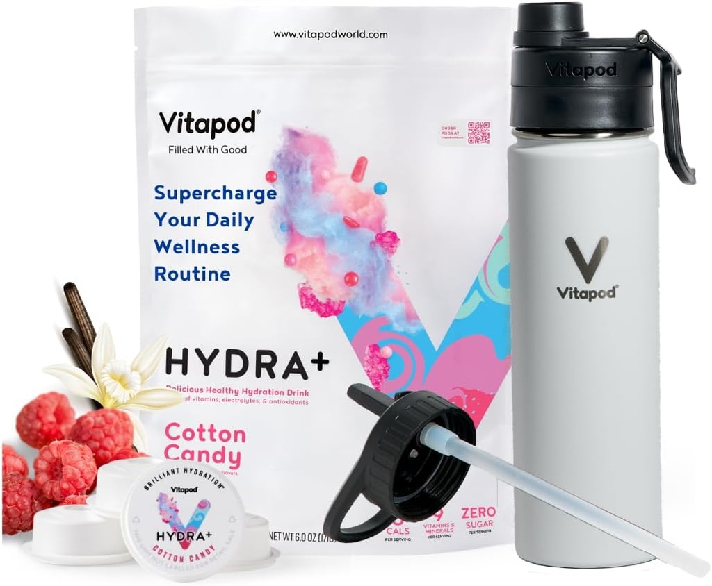 Vitapod Hydra+ Cotton Candy Flavored Water Enhancer Pods Starter Bundle, Wasser Flavoring, Zuckerfrei, Vitamin C, Vitamin D, Zink, 30 Pods, 22 Unzen Edelstahl Wasserflasche, Weiß