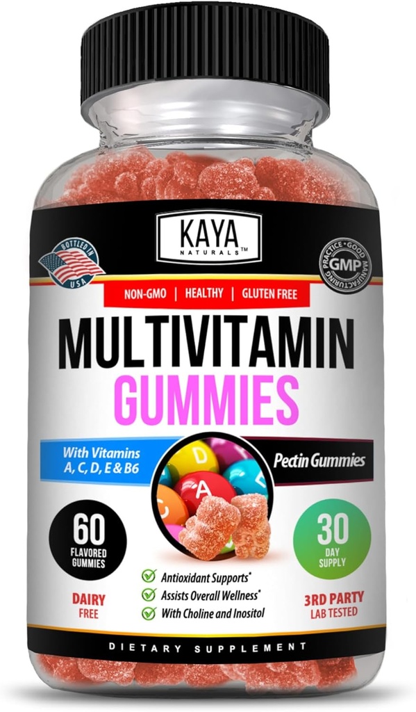 Kaya Naturals Adult Multi Vitamin Gummy, Biotin, Vitamina A, C & E, Compreso Zinc &Vitamin B-12, Acido Folico, Sapore di Fragola | Multivitaminici Dolci Adulti - 60 Gummie