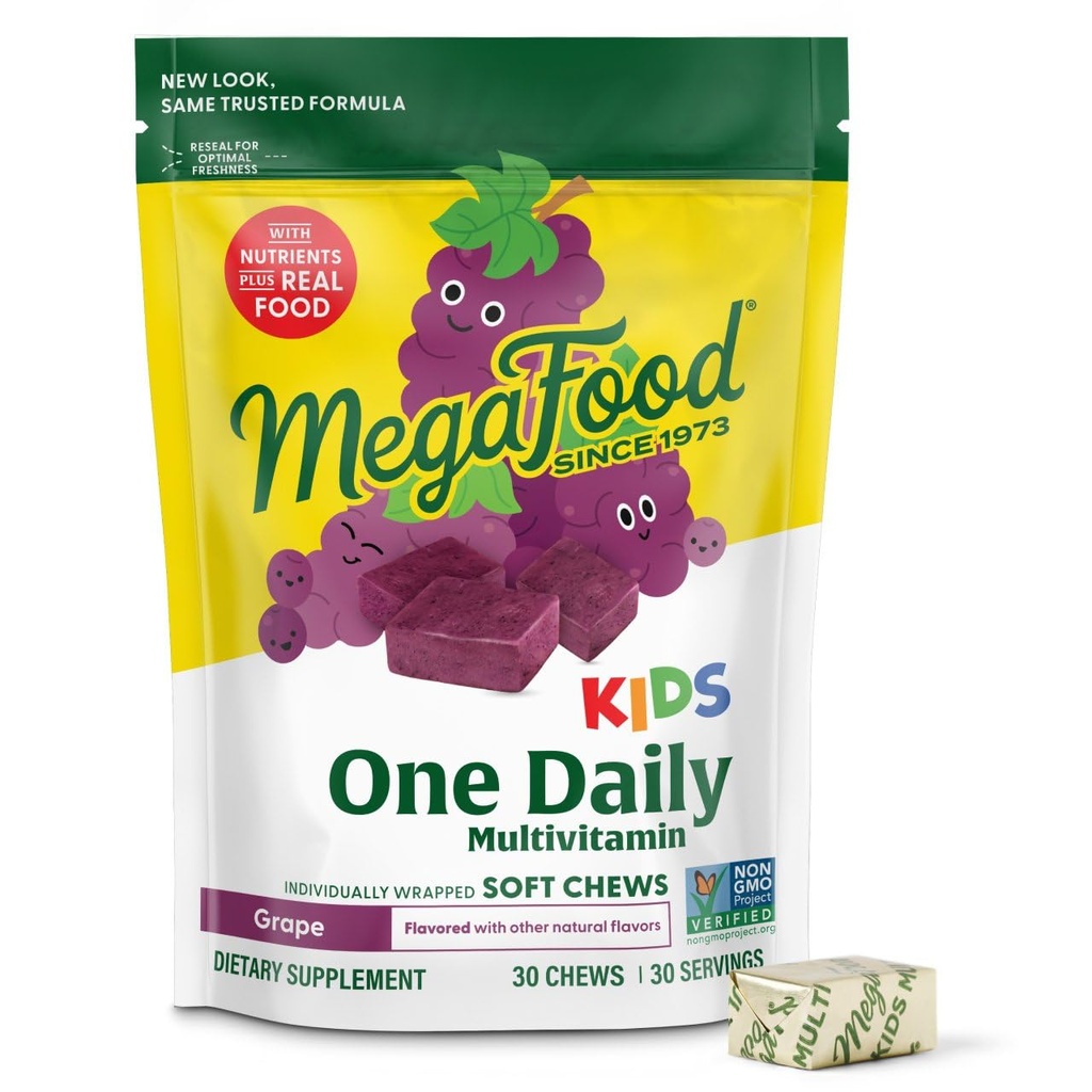 MegaFood Kids One Daily Multivitamin Soft Chews - Kinder Vitamine mit Vitamin B, Vitamin C, Vitamin D & Vitamin E - Alter 4+, Vegetarisch, Hergestellt ohne 9 Lebensmittel Allergene - Trauben Geschmack - 30 Chews