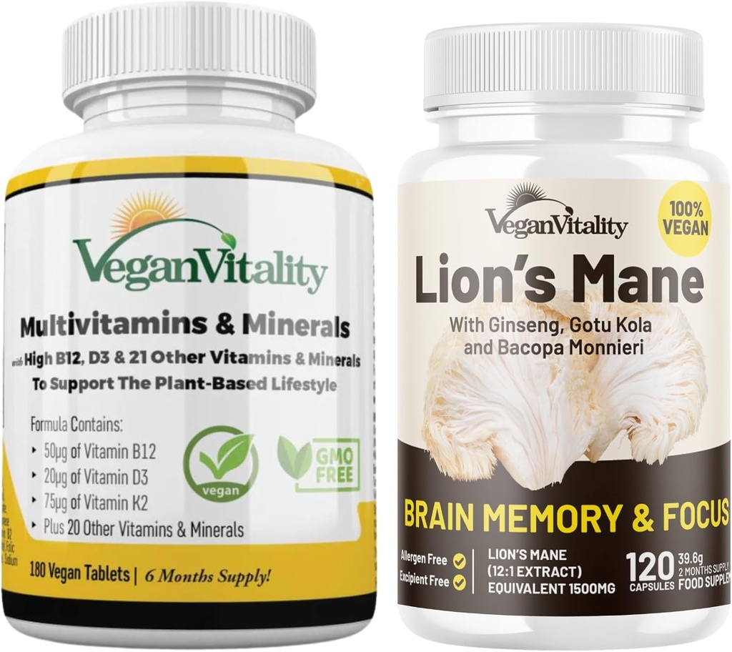 Vegan Vitality Lion's Mane x General Health Combo Bundle - 6 mesi Lion's Mane and Multivitamins