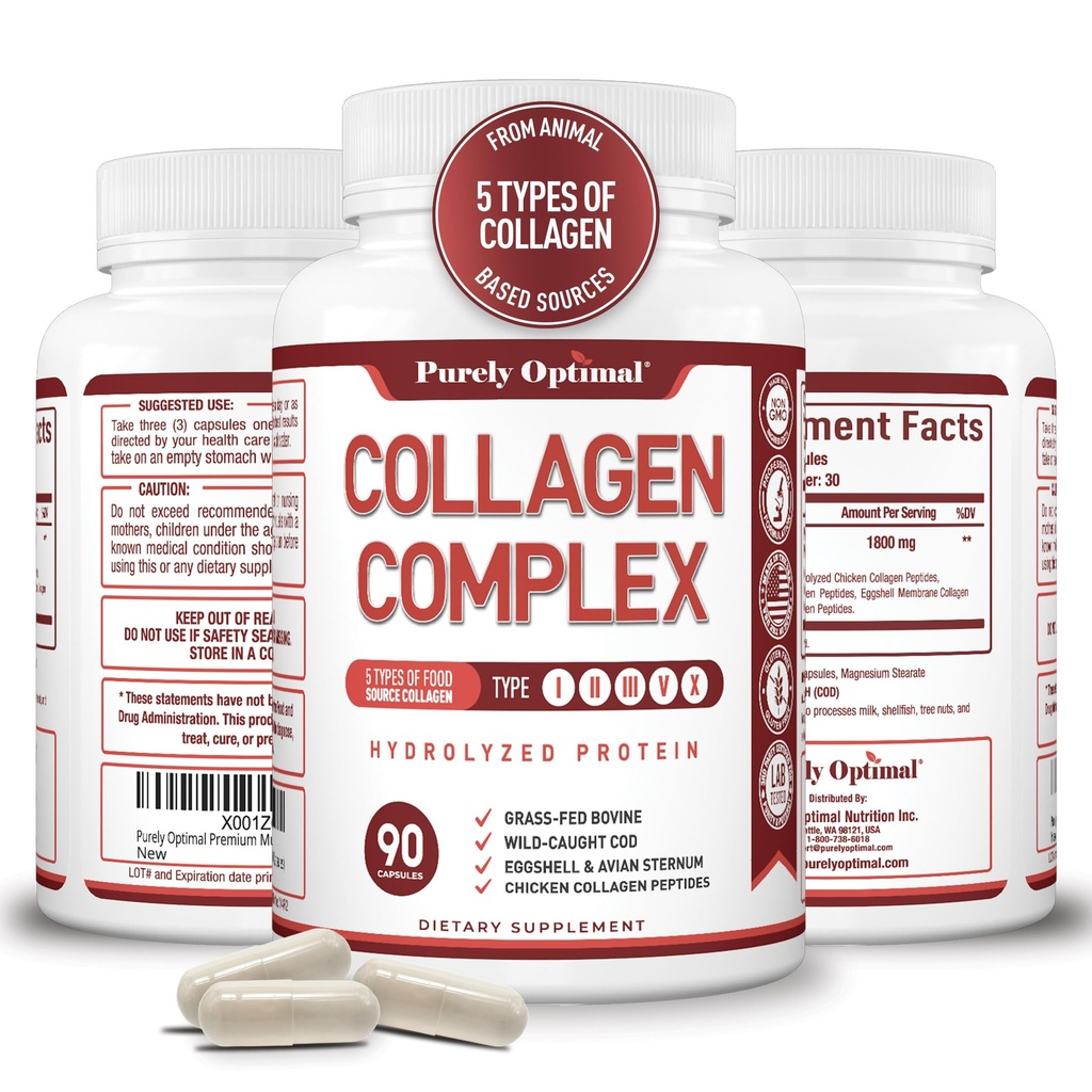 Purely Optimal Premium Multi Collagen Peptide Kapseln (Typen I, II, III, V, X) - Haar, Haut und Nägel, Verdauungs- und Gelenkgesundheitsergänzung, hydrolysierte Collagen Pillen (90 Kapseln)