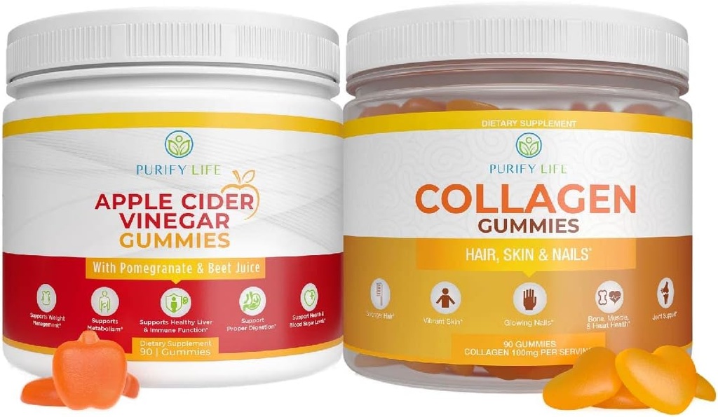 Aceto di sidro di mele & collagene Bundle, Gummies per la crescita dei capelli delle donne, Pelle più sana & unghie (bulk 90 Gummies) Joint Care Vitamin, Supporto immunitario, Detox, Metabolismo, Mens Womens Acid Reflux
