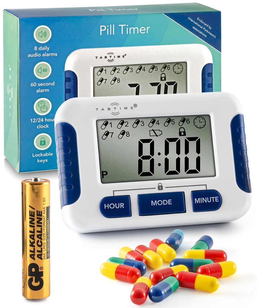 TabTime Pill Reminder with 8 Alarms per Day, Pill Tracker, Pill Timer, Medication Reminder Devices, Medication Tracker, Essential Parkinson's Patient Gadget