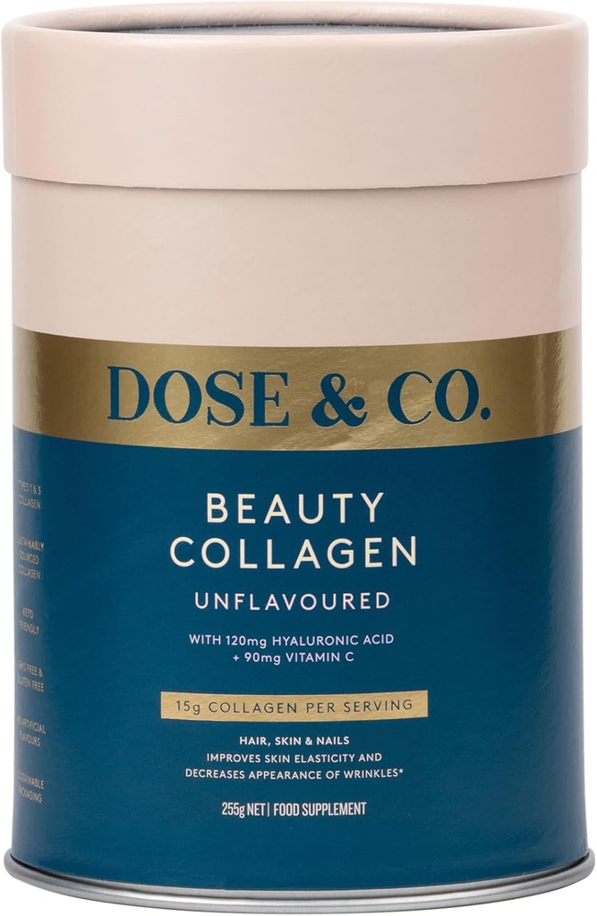 DOSE & CO. Collagène de beauté avec acide hyaluronique et vitamine C pour cheveux, peau et ongles, sans saveur - Supplément en poudre de 9 oz