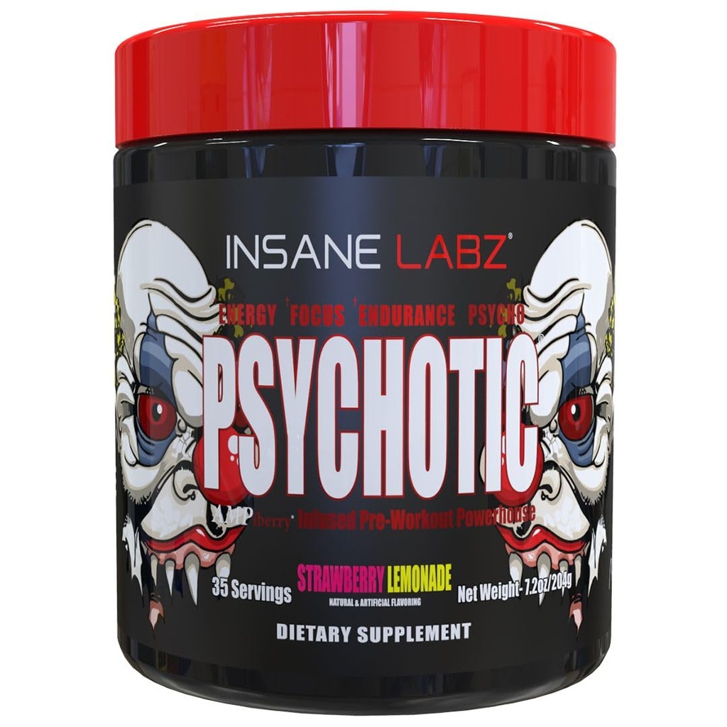 Insane Labz Psychotic, High Stimulant Pre Workout Powder, Extreme Lasting Energy, Fokus und Ausdauer mit Beta Alanine, Creatine Monohydrate, DMAE, 35 Srvgs (Strawberry Lemonade)