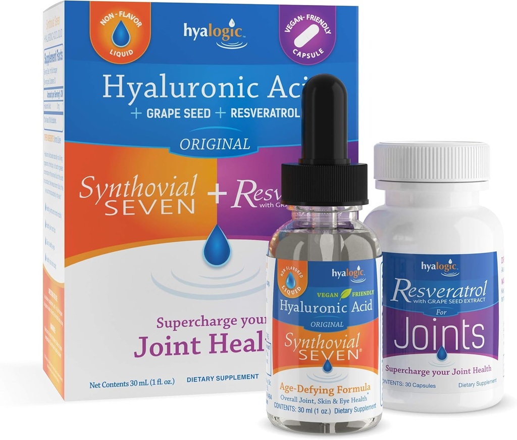 Hyalogic Synthovial Seven Hyaluronsäure Liquid & Resveratrol Kapseln - HA Support - Vegan - 1 Unze