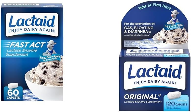 Lactaid Fast Act 60-Pack Original Strength 120-Count Capelli di intolleranza al lattosio con 9000 unità di lattasi FCC