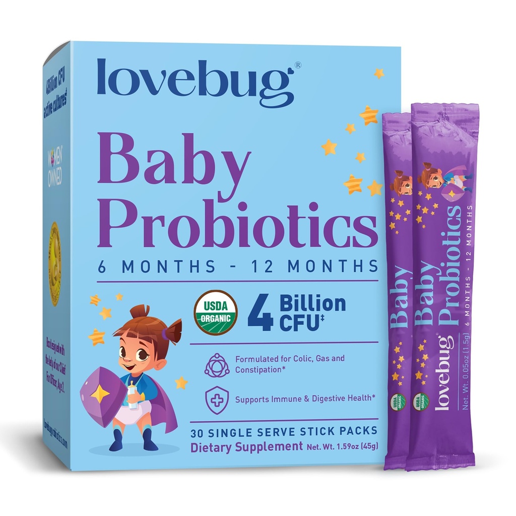LOVEBUG Probiotics für Babys - Bio Baby Probiotics 6-12 Monate für Baby Immununterstützung, Gas, Colic, Durchfall & Infant Constipation Relief Sugar-Free, Geschmackloses Pulver, 30 Pack