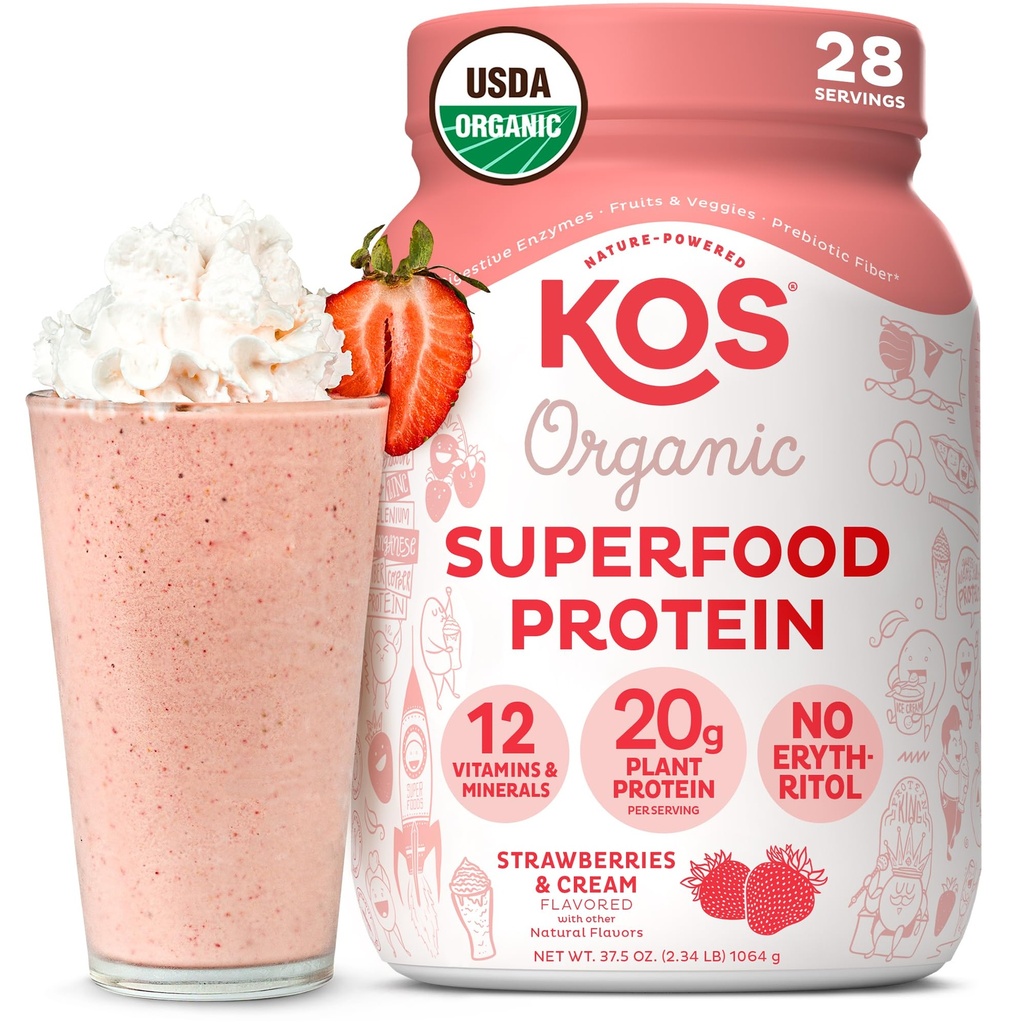 KOS Poudre de protéines végétales, fraises et crèmes USDA Organic - Mélange de protéines de pois à faible teneur en glucides, superaliments à base de plantes avec des vitamines et minéraux, sans gluten - Remplacement des repas pour les femmes et les hommes - 28 portions
