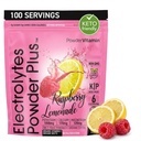 PowderVitamin Elektrolyte Pulver Plus (100 Portionen) Himbeere Lemonade Elektrolyt Pulver, Zero Calorie, Keto, Zero Sugar, No Maltodextrin, 1000mg Kalium, 120mg Calcium, 120mg Magnesium, Hydration