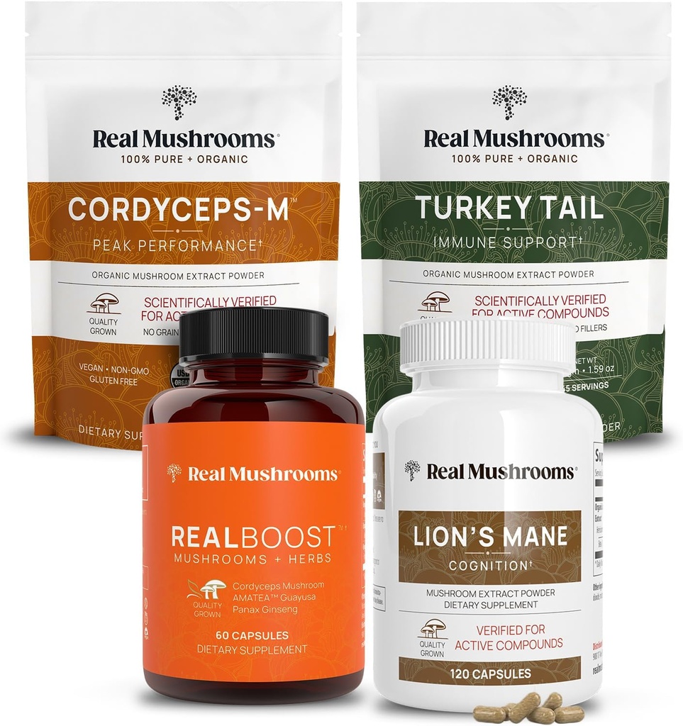 Real Mushrooms RealBoost (60ct), Lions Mane (120ct), Cordyceps & Turkey Tail Mushroom Powder & Capsules Bundle - Mushroom Supplement for Energy, Vitality, Endurance & Cognition - Vegan, Non OGM