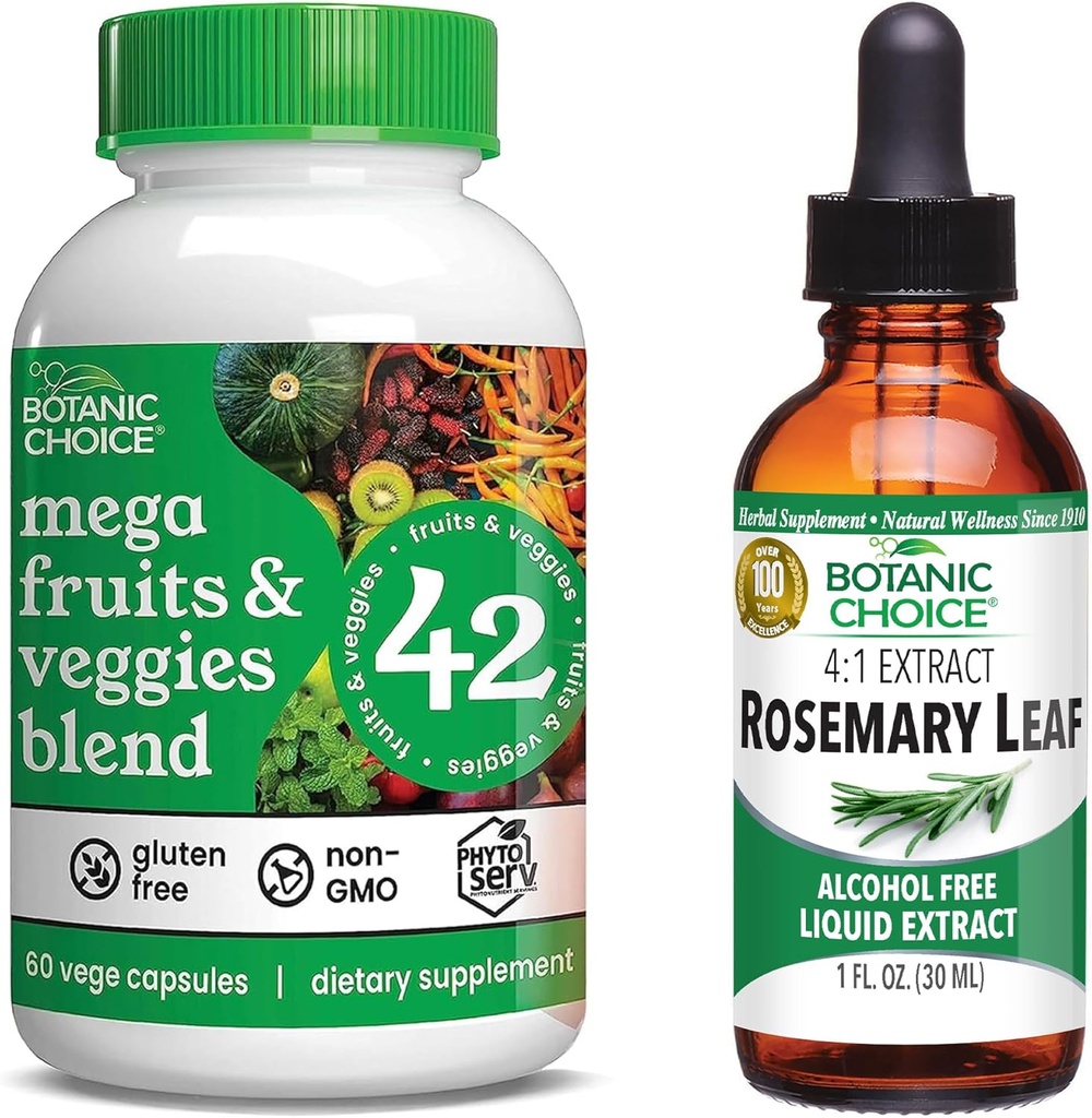 Botanic Choice Mega Fruits and Veggies Blend (60 capsule) + Rosemary Leaf Extract (1 fl oz) Bundle - Energy Balance & Superfood Supplement + Concentrazione & Memory Support