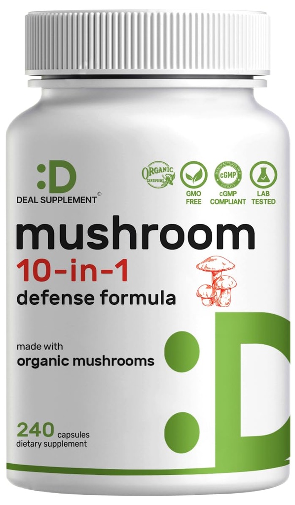 Supplément de champignons biologique 10-en-1, 240 Capsules – Lions Mane, Turkey Tail, Reishi, Cordyceps & More Complexe de champignons – Immunis, Energie et Nootropic Cerveau Support – Non-OGM