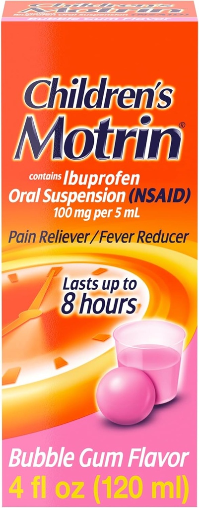 La médecine de la suspension buvable de Motrin pour enfants, 100 mg d'Ibuprofène, Réducteur de la fièvre juvénile et soulagement de la douleur pour les douleurs et les douleurs mineures dues au rhume et à la grippe, sans alcool, sans bulle d'eau, 4 fl. oz