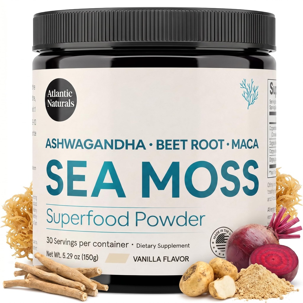 Atlantic Naturals Sea Moss Superfood Powder mit Ashwagandha, Beet Root und Maca Root - Sea Moss Powder unterstützt gesunde Haut, sportliche Leistung und positive Stimmung - Vanilla Flavor (150g)