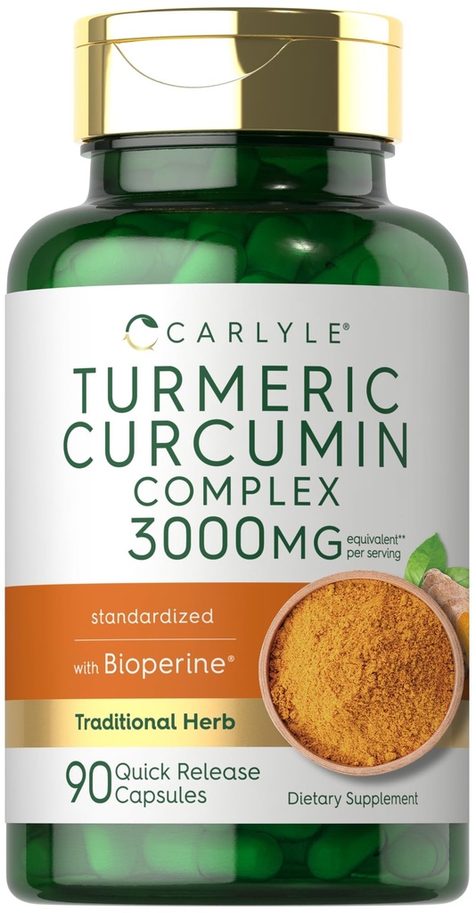 Carlyle Turmeric Curcumin mit schwarzem Pfeffer 3000mg | 90 Pulver Kapseln | Complex Supplement mit Bioperine | Non-GMO, Glutenfrei