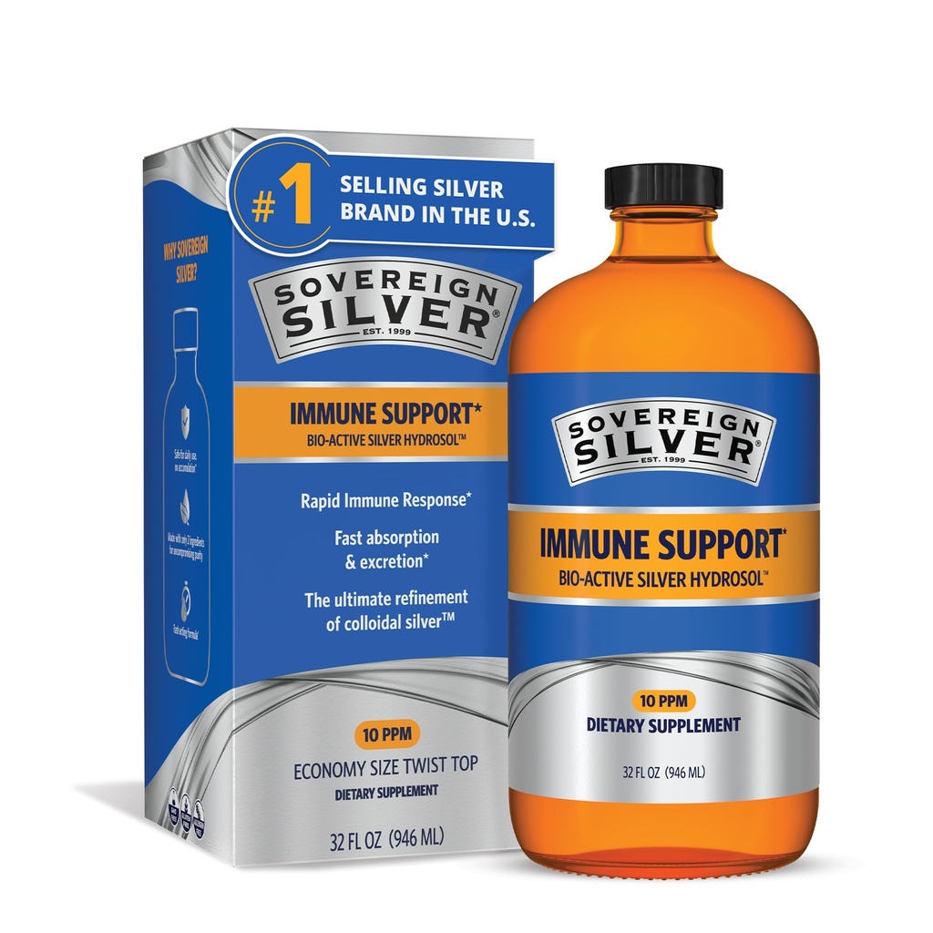Support immune en argent souverain - Argent colloïdal, hydrosol en argent bioactif, 10 ppm, haut de torsion liquide, 32 Fl Oz, (946 mL)