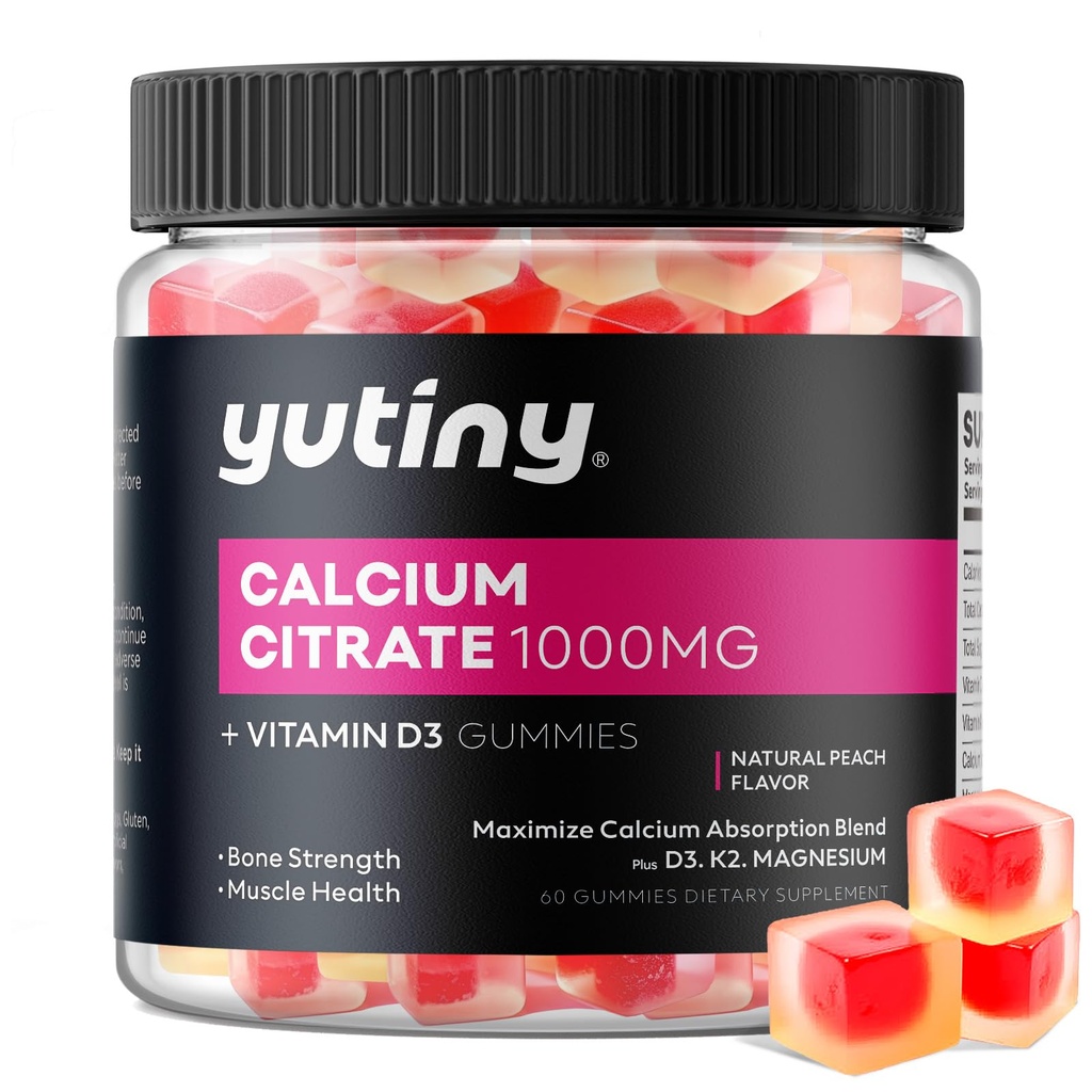 Citrate de calcium Gommies remplies, Extra Absorption Citrate de calcium 1000mg avec vitamine D3, K2 et magnésium, Supplément à croquer pour os, Santé musculaire, 60 Compte