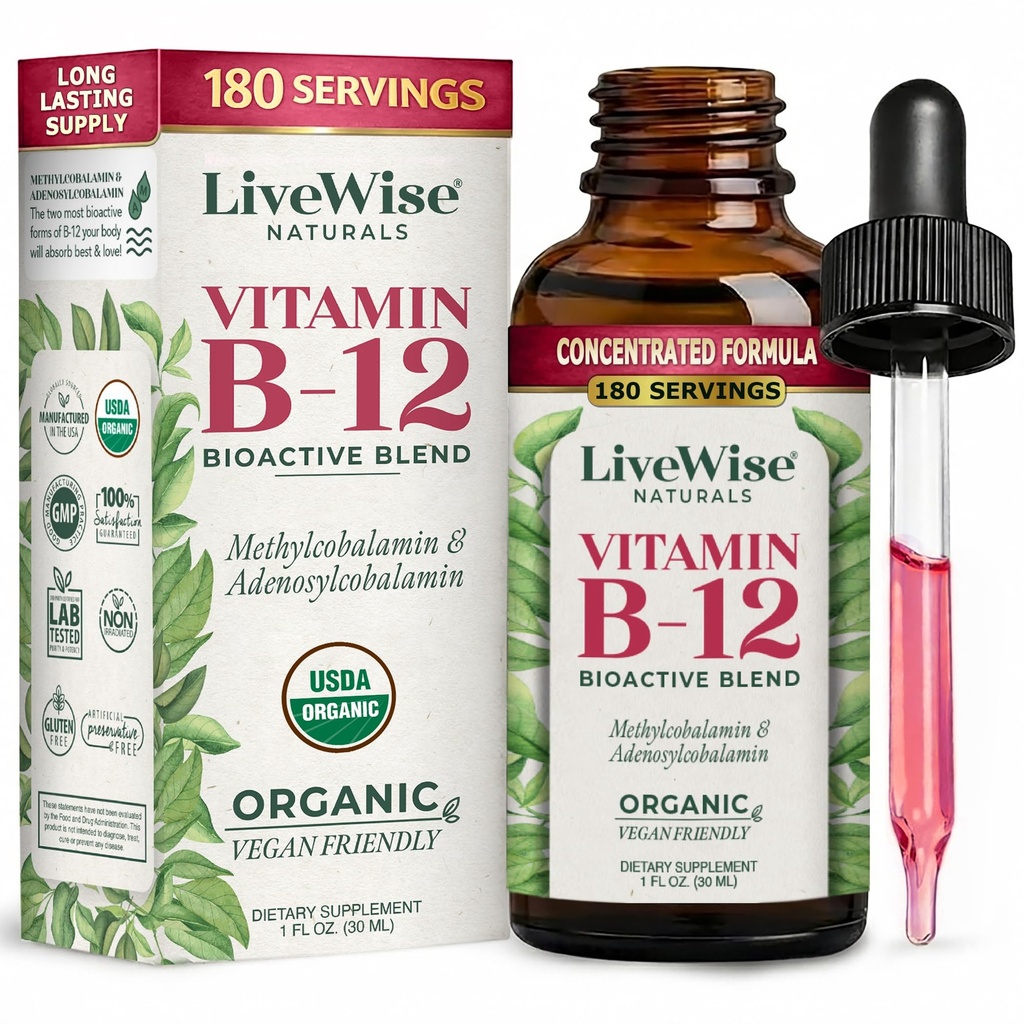 LiveWise Naturals B12 gouttes de vitamine non-OGM, mélange bioactif biologique pour l'énergie, la clarté, le focus et l'absorption facile, Adénosylcobalamine et supplément méthylcobalamine, végétalien, sans gluten, sans lait