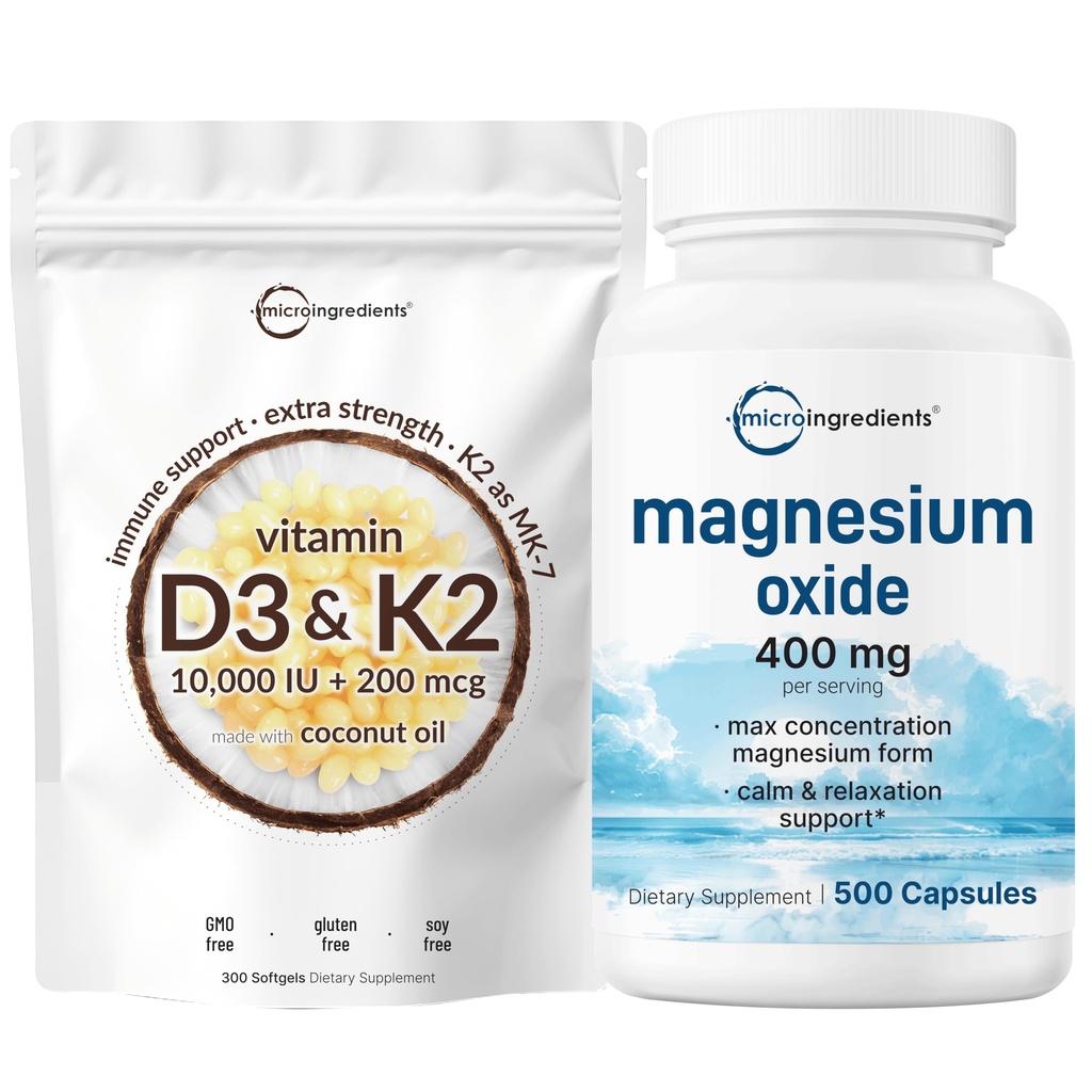 Micro Ingredients Vitamin D3 10.000iu + K2 200mcg Kokosöl Softgels & Magnesiumoxid 400mg Bundle Pack | Essential Sunshine Vitamine | Elementarform für Max Concentration