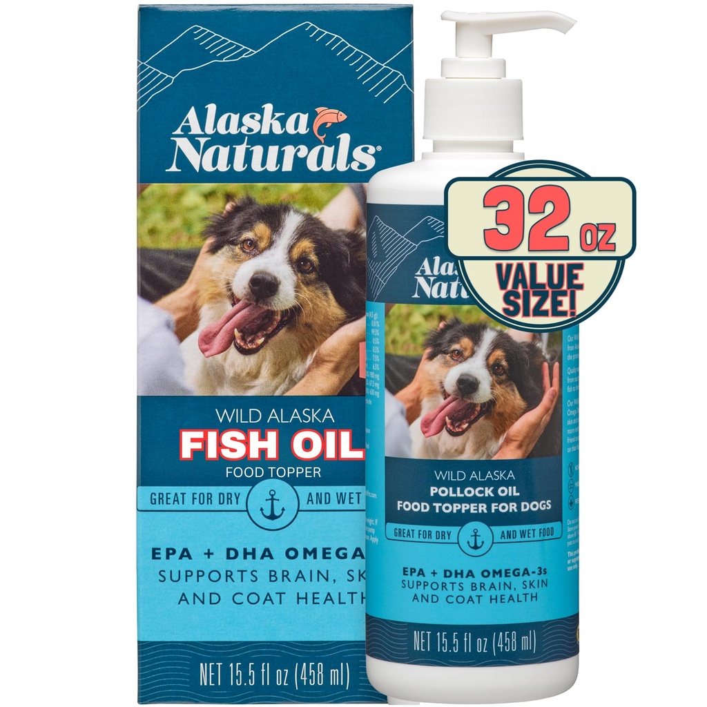 Alaska Naturals Wild Alaskan Fish Oil Complement for Dogs Peau and Coat with EPA DHA Omega 3 Fatty Acides Sustainable Liquid Food Topper 32 oz. Pompe