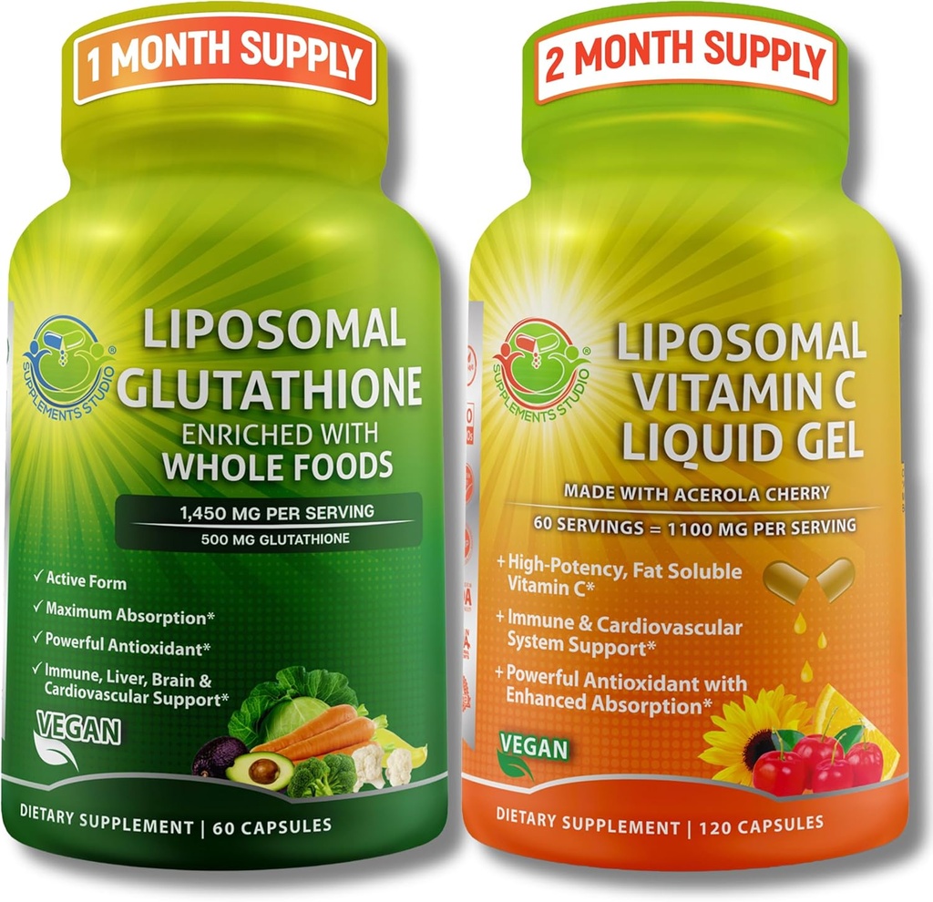 SUPPLÉMENTS STUDIO Ensemble de soutien antioxydant, cellulaire et immunitaire – Glutathion liposomique 500mg avec aliments entiers organiques + vitamine liposomique C 1100mg avec cerise acérola biologique