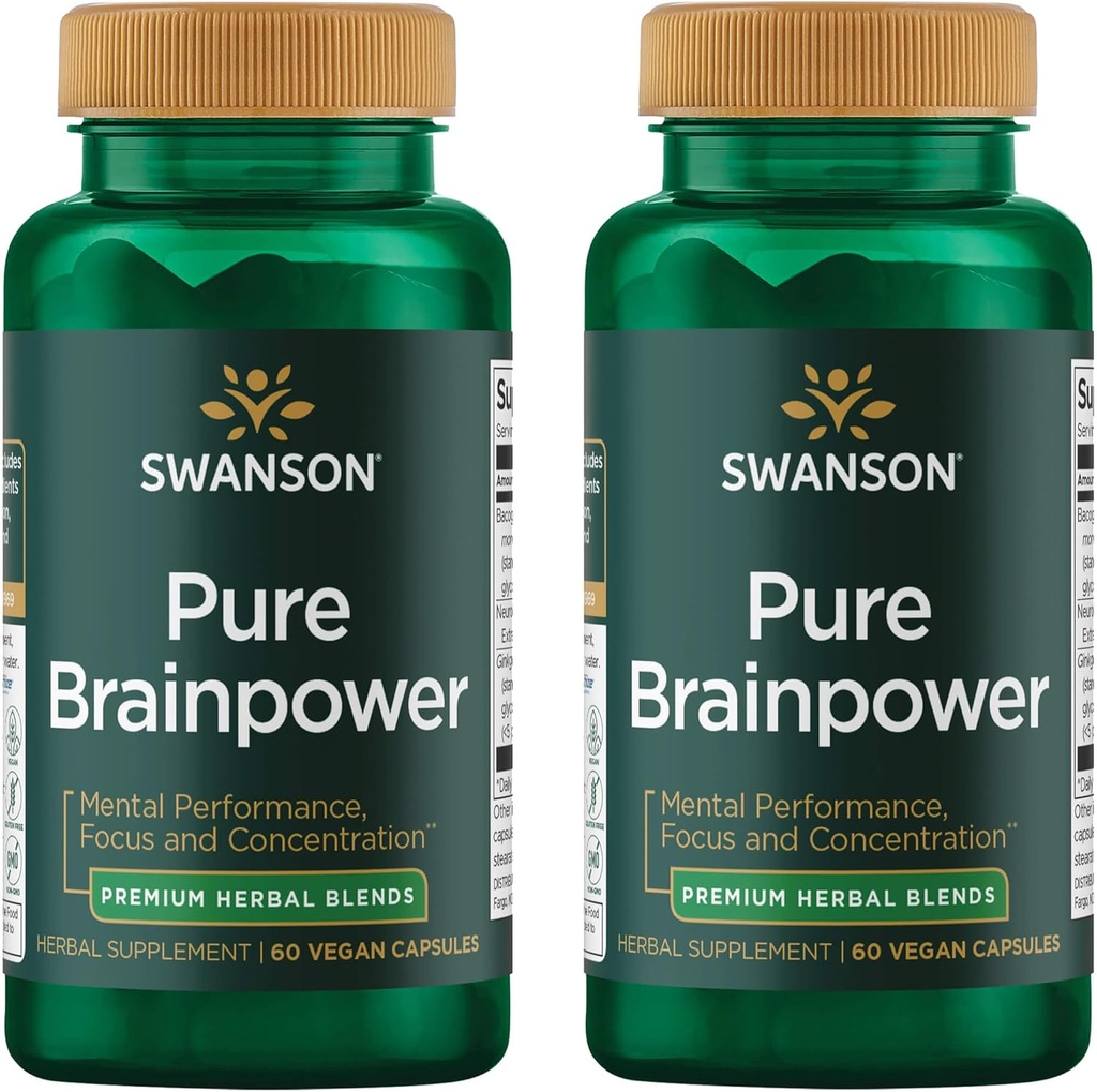 Swanson Pure Brainpower Brain Health Cognitive Memory Focus Unterstützung Brain-Derived Neurotrophic Factor (BDNF) Kräuterergänzung (Ginkgo Biloba, Bacopa Monnieri) 60 Veggie Kapseln (Veg Caps) (2 Pack)