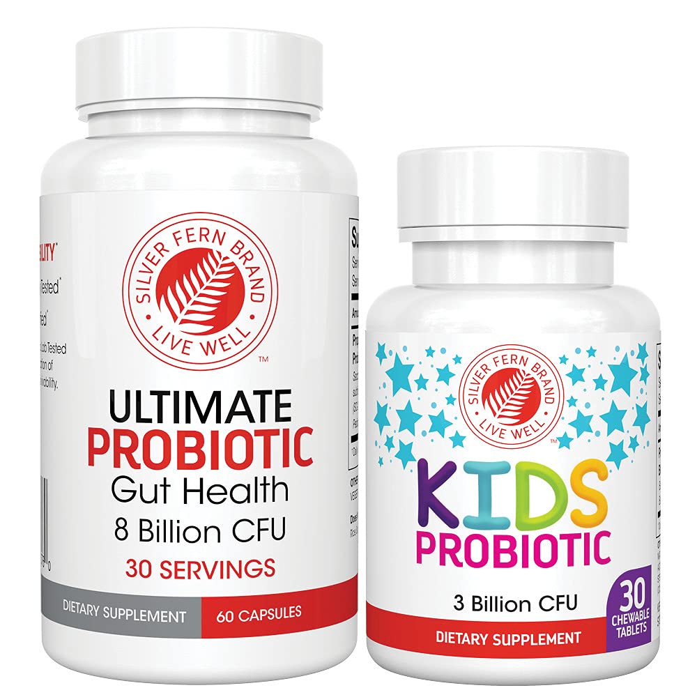Silver Fern Brand Family Probiotics - Ultimate Adult Probiotics (1 Bottiglia = 60 Capsule) Plus Ultimate Children's Probiotic for Kids (1 Bottiglia = 30 Chewables) - Gut Health & Microbiome Support