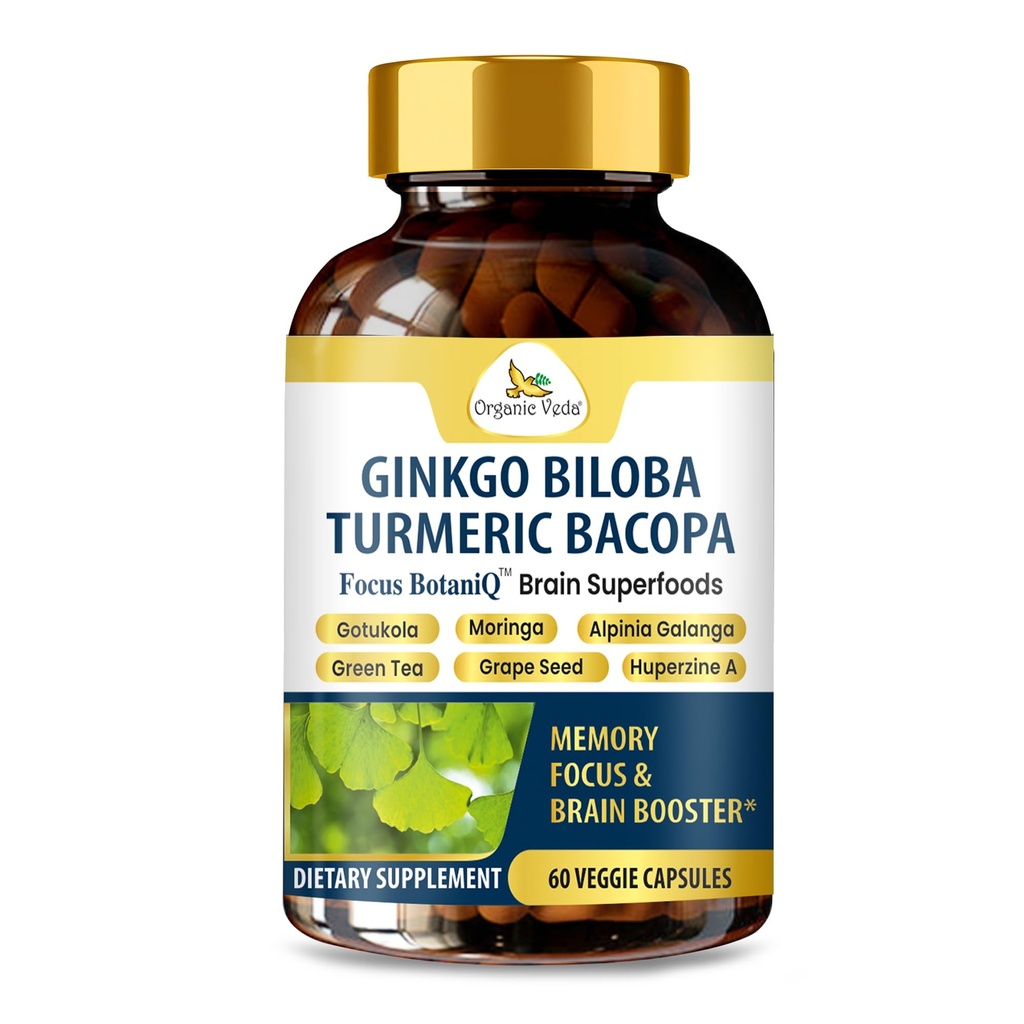 Organic Veda Ginkgo Biloba Turmeric Bacopa Brain Supplemento per la Memoria, Mood & Focus con Ashwagandha - Concentrazione, Energy & Brain Booster, Giunti sani & Supporto per Circolazione - 60 Vegan Capsule